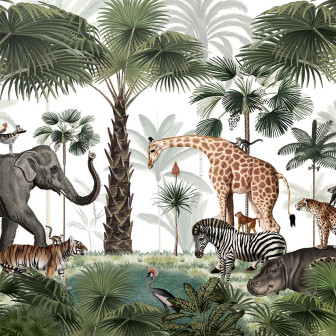 Tapet personalizat Animal Kingdom, cu imagini spectaculoase cu animale din jungla, palmieri si o atmosfera fascinanta.