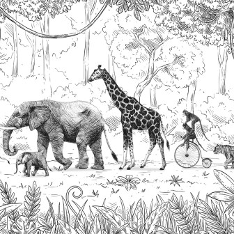 Tapet cu paradă de animale în tonuri de negru și alb. Designul prezintă o girafă, un elefant, un tigru și maimuțe pe bicicletă în pădure.