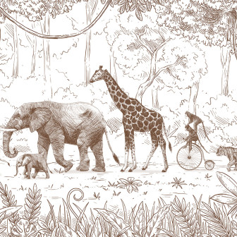 Tapet personalizat Animal Parade - Brown cu desen delicat de animale din junglă