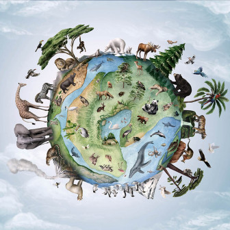 Tapet cu animale din întreaga lume, pe fundalul Pământului. Tapetul prezintă o varietate de animale din diferite ecosisteme.