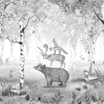 Tapet personalizat Bear King - Black and White, cu un urs regele, o căprioară, un vulpe si alte animale intr-o pădure de mesteacăn.