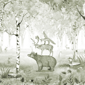 Tapet personalizat "Bear King - Green", design pictat în acuarelă, cu un urs, un cerb, un vulpe și un iepure, înconjurați de copaci.