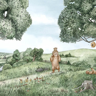 Tapet cu urși și albine într-un peisaj verde