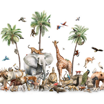 Tapet cu animale sălbatice tropicale, palmieri și păsări, perfect pentru camera copilului.