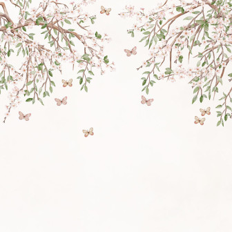 Tapet personalizat cu o ramură de cireș înflorită și fluturi.