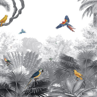 Tapet personalizat Canopy Jungle - Black and White, cu un design modern care prezintă o junglă luxuriantă în nuanțe de gri și alb, cu papagali viu colorați.