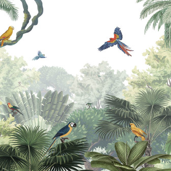 Tapet Canopy Jungle - Natural cu palmieri, păsări și o atmosferă exotică.