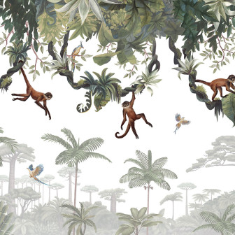 Tapet cu maimuțe jucause, păsări exotice și vegetație luxuriantă, perfect pentru a aduce o atmosferă tropicală în orice cameră.
