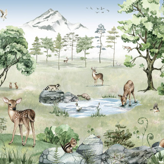 Tapet personalizat Deer Forest - Summer, cu un design inspirat din natură, cu animale simpatice într-o pădure verde.