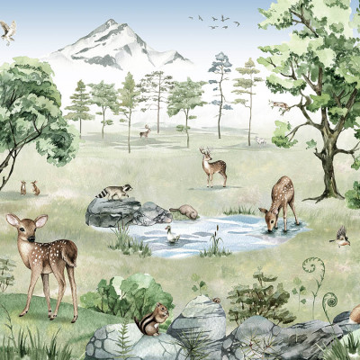 Tapet personalizat Deer Forest - Summer, cu un design inspirat din natură, cu animale simpatice într-o pădure verde.