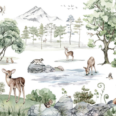 Wallpaper cu o pădure de iarnă cu cerb și animale drăguțe
