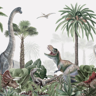 Fototapet cu dinozauri și palmieri într-o cameră de copii