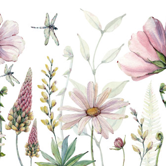 Tapet floral cu flori delicate și libelule, pictate cu acuarele, pe fundal alb.