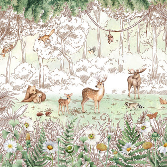 Fototapet cu animale din pădure și flori de primăvară