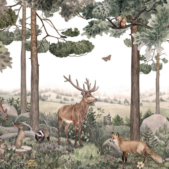 Tapet cu o pădure fermecătoare, cu copaci falnici, animale sălbatice și un cer senin.