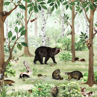 Tapet personalizat Forest Lookbook cu imagini cu animale sălbatice într-o pădure verde