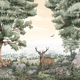 Tapet cu design inspirat din natură, Forest Vista, cu o panoramă uluitoare a pădurii, copaci, animale sălbatice și o atmosferă relaxantă.