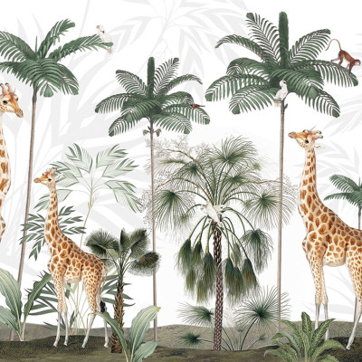 Tapet cu girafe grațioase și palmieri tropicali, perfect pentru camera copilului