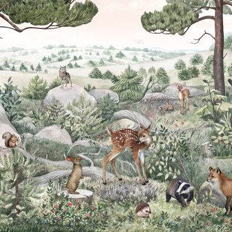 Tapet personalizat Happy Hedgehog - Beige, cu ilustrație a unei păduri pline de animale drăguțe.