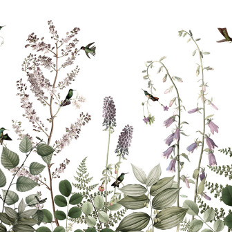 Tapet cu colibe și flori pentru camera copilului