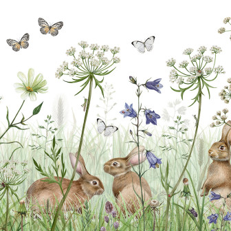 Tapet cu iepurași, flori și fluturi în iarbă