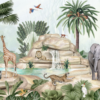 Tapet cu design de junglă luxuriantă, cu animale sălbatice