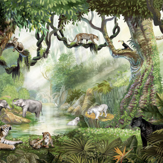 Tapet Jungle Cats cu elefanți, tigri, leoparzi, maimuțe și păsări tropicale într-o junglă luxuriantă.