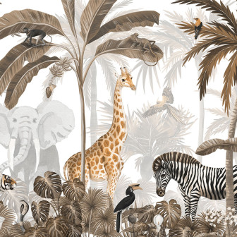 Personalizat Jungle Jive - Sepia cu imagini de animale din junglă, cum ar fi girafe, elefanți, zebre și tigri, printre palmieri și frunze luxuriante.