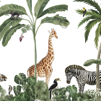 Tapet cu tematică junglă, cu o girafa, zebre, un tigru, maimuțe și o mulțime de verdeață.