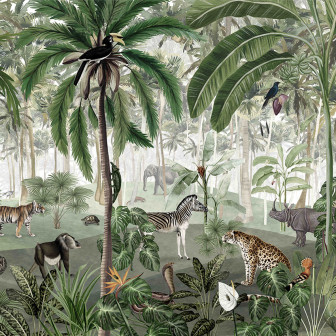 Tapet cu design jungle, cu palmieri, animale sălbatice și o ambianță exotică