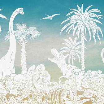 Tapet cu dinozauri albi pe un fundal bleu, pentru camera copilului.