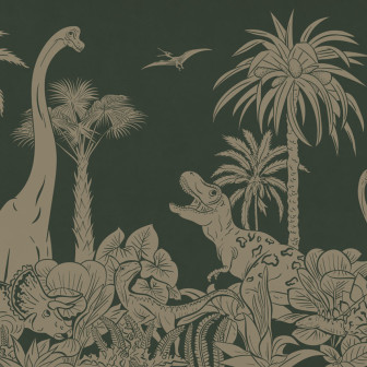 Tapet cu dinozauri și palmieri în nuanțe vintage de verde și maro