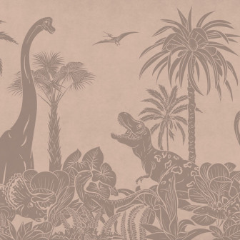 Tapet cu dinozauri roz vintage pe un perete din camera copilului