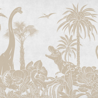 Tapet copii cu dinozauri si palmieri in nuante de gri deschis