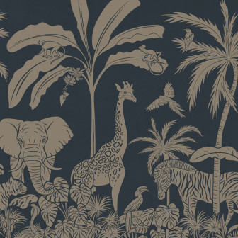 Tapet personalizat Monochrome Jungle - Blue Vintage cu design exotic, ilustrat cu animale sălbatice din junglă pe un fond albastru vintage