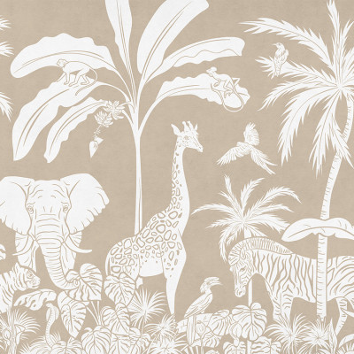 Tapet monocrom cu design de junglă, cu girafe, elefanți, zebre și păsări exotice, în nuanțe de alb pe un fundal maro