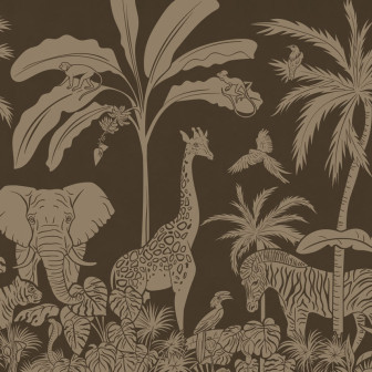 Tapet Monochrome Jungle - Brown Vintage cu motive de animale de safari și palmieri pe un fundal maro.