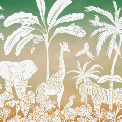 Un personalizat cu design jungle, cu palmieri, girafe, elefanți, maimuțe și zebre albe pe un fundal verde-auriu.