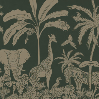 Wallpaper monocrom cu design de junglă, cu animale sălbatice și plante tropicale în nuanțe de verde vintage
