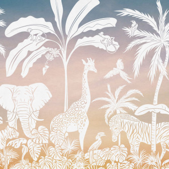 Tapet personalizat Monochrome Jungle - Sky Pink, cu siluete albe de animale sălbatice tropicale pe fundal gradient.