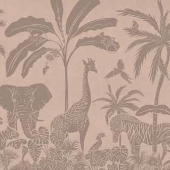 Tapet cu design jungla vintage roz cu girafe, elefanți, zebre și maimuțe