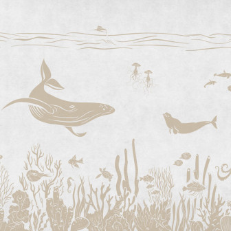 Tapet personalizat Monochrome Sea - White Vintage, cu design monocrom, reprezentând balene, pești, recife de corali și meduze.