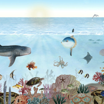 Tapet personalizat Ocean Lookbook, cu o imagine a unui recif de corali vibrant, cu pesti multicolori, rechini si alte vietuitoare marine.