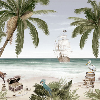 Tapet personalizat cu o scenă tropicală cu palmieri, o navă pirat, un pelican și o comoară pe plajă.