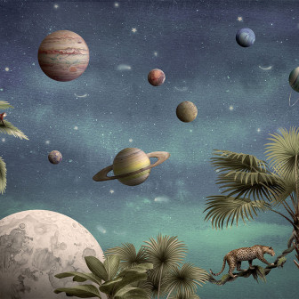 Tapet cu design spațial, Pretty Planets, cu planete colorate, stele, palmieri și leoparzi.