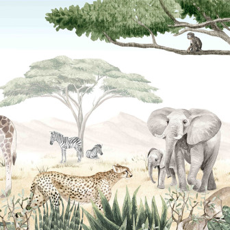Tapet cu animale din savană, ideal pentru camera copiilor.