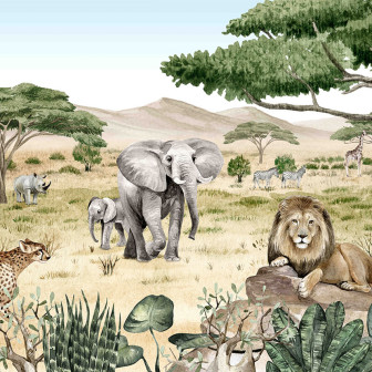 Tapet cu peisaj african, cu elefanți, lei, girafe și alte animale sălbatice.