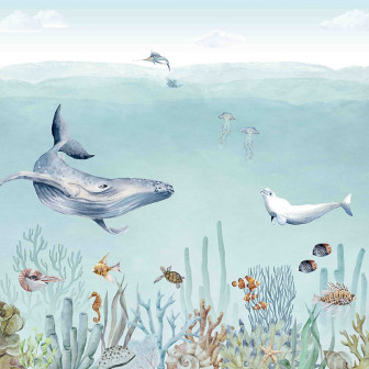 Tapet camera copii cu balenă, delfini, meduze, corali