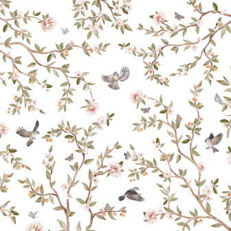 Tapet floral cu flori roz, ramuri delicate si pasarele