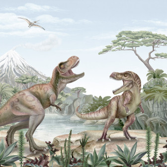 Tapet cu doi dinozauri T-Rex intr-o jungla luxurianta cu un vulcan in fundal